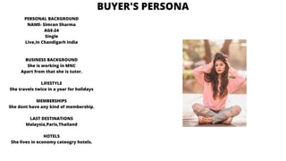 PERSONAL BACKGROUND
NAME- Simran Sharma
AGE-24
Single
Live,In Chandigarh India
BUSINESS BACKGROUND
She is working in MNC
Apart from that she is tutor.
LIFESTYLE
She travels twice in a year for holidays
MEMBERSHIPS
She dont have any kind of membership.
LAST DESTINATIONS
Malaysia,Paris,Thailand
HOTELS
She lives in economy cateogry hotels.
BUYER'S PERSONA
 