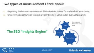 #SMX #31C @derrickwheeler
1.  Reporting	
  the	
  business	
  outcomes	
  of	
  SEO	
  eﬀorts	
  to	
  inform	
  future	
  levels	
  of	
  investment	
  
2.  Uncovering	
  opportunities	
  to	
  drive	
  greater	
  business	
  value	
  out	
  of	
  our	
  SEO	
  program	
  
	
  
Two types of measurement I care about
The	
  SEO	
  “Insights	
  Engine”	
  
Web	
  Analytics	
  
Webmaster	
  Tools	
  
More	
  
	
  
 