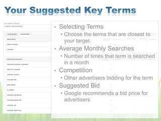 • Selecting Terms
• Choose the terms that are closest to
your target.
• Average Monthly Searches
• Number of times that term is searched
in a month
• Competition
• Other advertisers bidding for the term
• Suggested Bid
• Google recommends a bid price for
advertisers
 