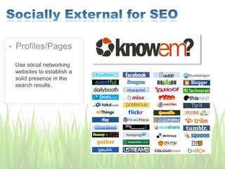 • Profiles/Pages
Use social networking
websites to establish a
solid presence in the
search results.
 