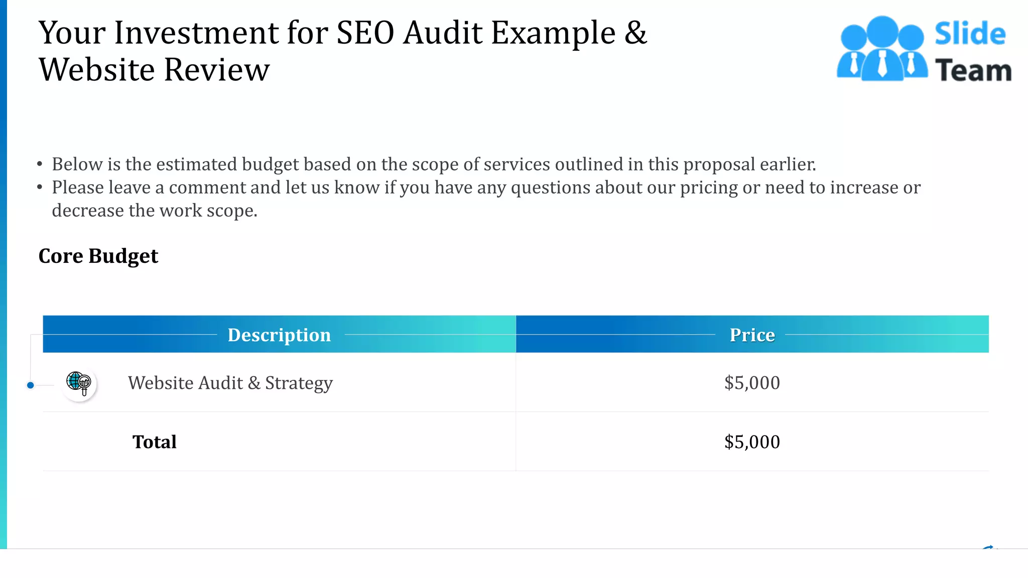12This slide is 100% editable. Adapt it to your needs and capture your audience's attention.
Description Price
Website Audit & Strategy $5,000
Total $5,000
Your Investment for SEO Audit Example &
Website Review
• Below is the estimated budget based on the scope of services outlined in this proposal earlier.
• Please leave a comment and let us know if you have any questions about our pricing or need to increase or
decrease the work scope.
Core Budget
 