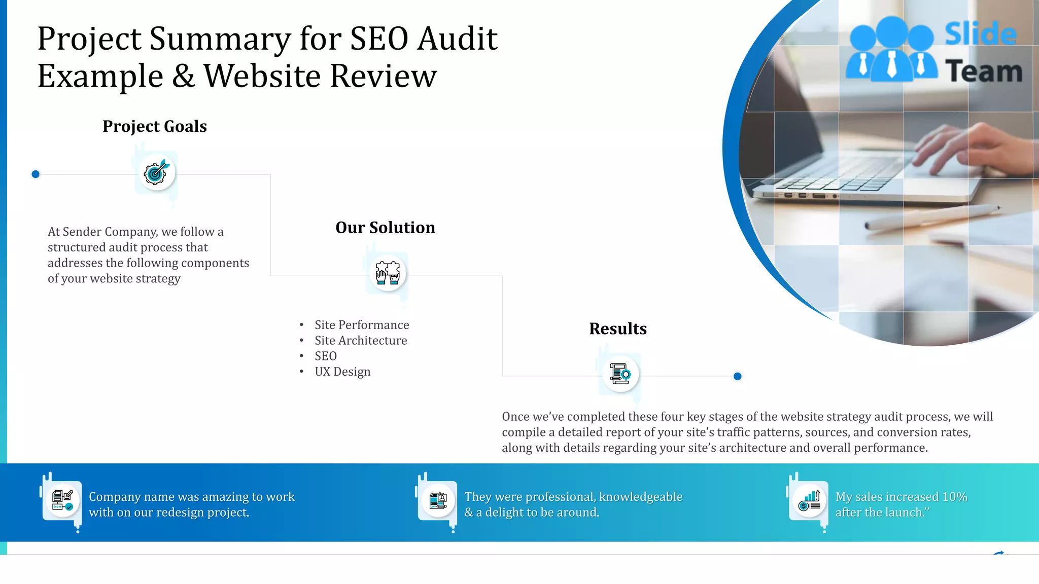 4
Project Summary for SEO Audit
Example & Website Review
This slide is 100% editable. Adapt it to your needs and capture your audience's attention.
Company name was amazing to work
with on our redesign project.
They were professional, knowledgeable
& a delight to be around.
My sales increased 10%
after the launch.’’
At Sender Company, we follow a
structured audit process that
addresses the following components
of your website strategy
• Site Performance
• Site Architecture
• SEO
• UX Design
Once we’ve completed these four key stages of the website strategy audit process, we will
compile a detailed report of your site’s traffic patterns, sources, and conversion rates,
along with details regarding your site’s architecture and overall performance.
Project Goals
Our Solution
Results
 