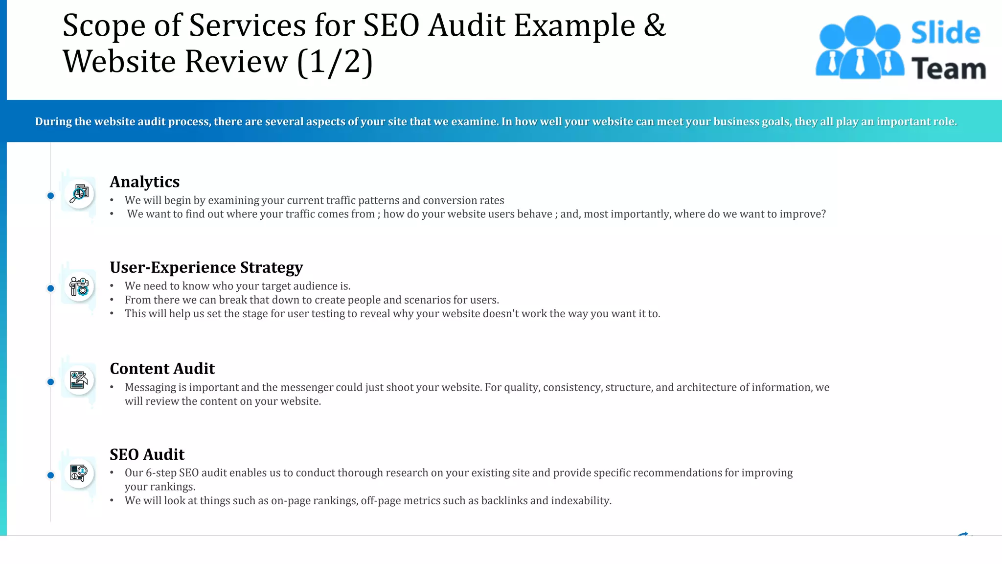 7
Scope of Services for SEO Audit Example &
Website Review (1/2)
• We will begin by examining your current traffic patterns and conversion rates
• We want to find out where your traffic comes from ; how do your website users behave ; and, most importantly, where do we want to improve?
Analytics
• We need to know who your target audience is.
• From there we can break that down to create people and scenarios for users.
• This will help us set the stage for user testing to reveal why your website doesn't work the way you want it to.
User-Experience Strategy
• Messaging is important and the messenger could just shoot your website. For quality, consistency, structure, and architecture of information, we
will review the content on your website.
Content Audit
• Our 6-step SEO audit enables us to conduct thorough research on your existing site and provide specific recommendations for improving
your rankings.
• We will look at things such as on-page rankings, off-page metrics such as backlinks and indexability.
SEO Audit
During the website audit process, there are several aspects of your site that we examine. In how well your website can meet your business goals, they all play an important role.
This slide is 100% editable. Adapt it to your needs and capture your audience's attention.
 