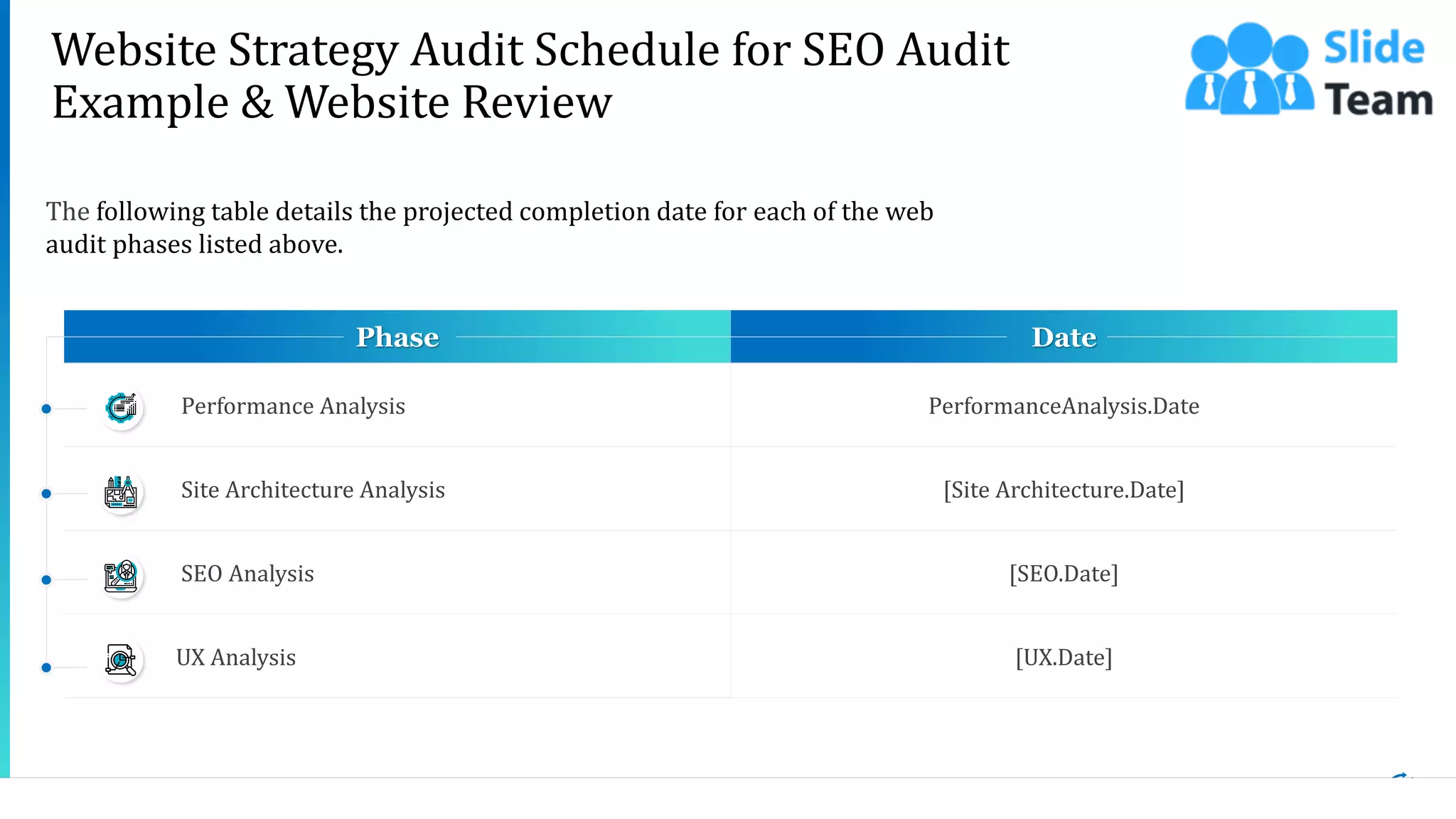 9This slide is 100% editable. Adapt it to your needs and capture your audience's attention.
The following table details the projected completion date for each of the web
audit phases listed above.
Phase Date
Performance Analysis PerformanceAnalysis.Date
Site Architecture Analysis [Site Architecture.Date]
SEO Analysis [SEO.Date]
UX Analysis [UX.Date]
Website Strategy Audit Schedule for SEO Audit
Example & Website Review
 