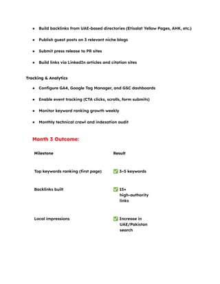 ●​ Build backlinks from UAE-based directories (Etisalat Yellow Pages, AHK, etc.)​
●​ Publish guest posts on 3 relevant niche blogs​
●​ Submit press release to PR sites​
●​ Build links via LinkedIn articles and citation sites​
Tracking & Analytics
●​ Configure GA4, Google Tag Manager, and GSC dashboards​
●​ Enable event tracking (CTA clicks, scrolls, form submits)​
●​ Monitor keyword ranking growth weekly​
●​ Monthly technical crawl and indexation audit​
Month 3 Outcome:
Milestone Result
Top keywords ranking (first page) ✅3–5 keywords
Backlinks built ✅15+
high-authority
links
Local impressions ✅Increase in
UAE/Pakistan
search
 