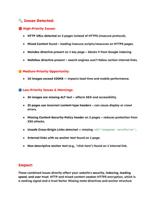 🔍Issues Detected:
🔴High-Priority Issues:
●​ HTTP URLs detected on 2 pages instead of HTTPS (insecure protocol).​
●​ Mixed Content found – loading insecure scripts/resources on HTTPS pages.​
●​ Noindex directive present on 1 key page – blocks it from Google indexing.​
●​ Nofollow directive present – search engines won’t follow certain internal links.​
🟠Medium-Priority Opportunity:
●​ 10 images exceed 100KB — impacts load time and mobile performance.​
🔵Low-Priority Issues & Warnings:
●​ 24 images are missing ALT text – affects SEO and accessibility.​
●​ 23 pages use incorrect content-type headers – can cause display or crawl
errors.​
●​ Missing Content-Security-Policy header on 2 pages – reduces protection from
XSS attacks.​
●​ Unsafe Cross-Origin Links detected — missing rel="noopener noreferrer".​
●​ Internal links with no anchor text found on 1 page.​
●​ Non-descriptive anchor text (e.g., "click here") found on 1 internal link.​
Impact:
These combined issues directly affect your website's security, indexing, loading
speed, and user trust. HTTP and mixed content weaken HTTPS encryption, which is
a ranking signal and a trust factor. Missing meta directives and anchor structure
 