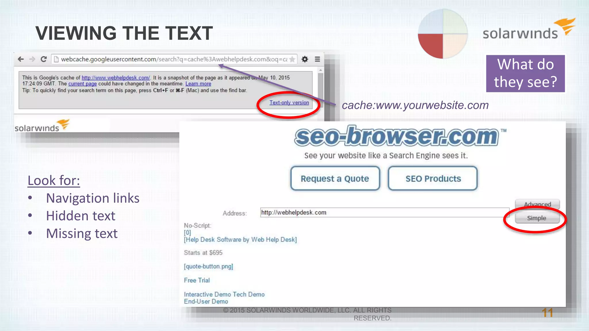 11© 2015 SOLARWINDS WORLDWIDE, LLC. ALL RIGHTS
RESERVED.
VIEWING THE TEXT
Look for:
• Navigation links
• Hidden text
• Missing text
cache:www.yourwebsite.com
What do
they see?
 