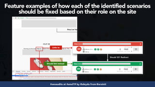 #seoaudits at #smxl19 by @aleyda from @orainti
Should 301 Redirect
Links to
Should link instead
Feature examples of how each of the identified scenarios
should be fixed based on their role on the site
 