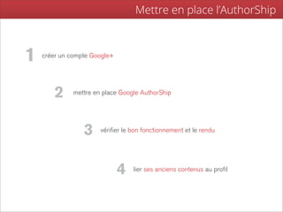 Mettre en place l’AuthorShip



1   créer un compte Google+




        2     mettre en place Google AuthorShip




                 3     vérifier le bon fonctionnement et le rendu




                              4    lier ses anciens contenus au profil
 