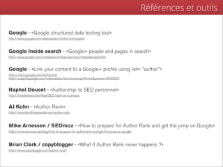 Références et outils

Google - «Google structured data testing tool»
http://www.google.com/webmasters/tools/richsnippets



Google Inside search - «Google+ people and pages in search»
http://www.google.com/insidesearch/features/plus/relatedpeople.html


Google - «Link your content to a Google+ profile using rel= "author"»
https://plus.google.com/authorship
http://support.google.com/webmasters/bin/answer.py?hl=en&answer=2539557


Raphel Doucet - «Authorship: le SEO personnel»
http://fr.slideshare.net/RaphSEO/raph-se-ocampus


AJ Kohn - «Author Rank»
http://www.blindfiveyearold.com/author-rank



Mike Arnessen / SEOmoz - «How to prepare for Author Rank and get the jump on Google»
http://www.seomoz.org/blog/how-to-prepare-for-authorrank-and-get-the-jump-on-google



Brian Clark / copyblogger - «What if Author Rank never happens ?»
http://www.copyblogger.com/author-rank/
 