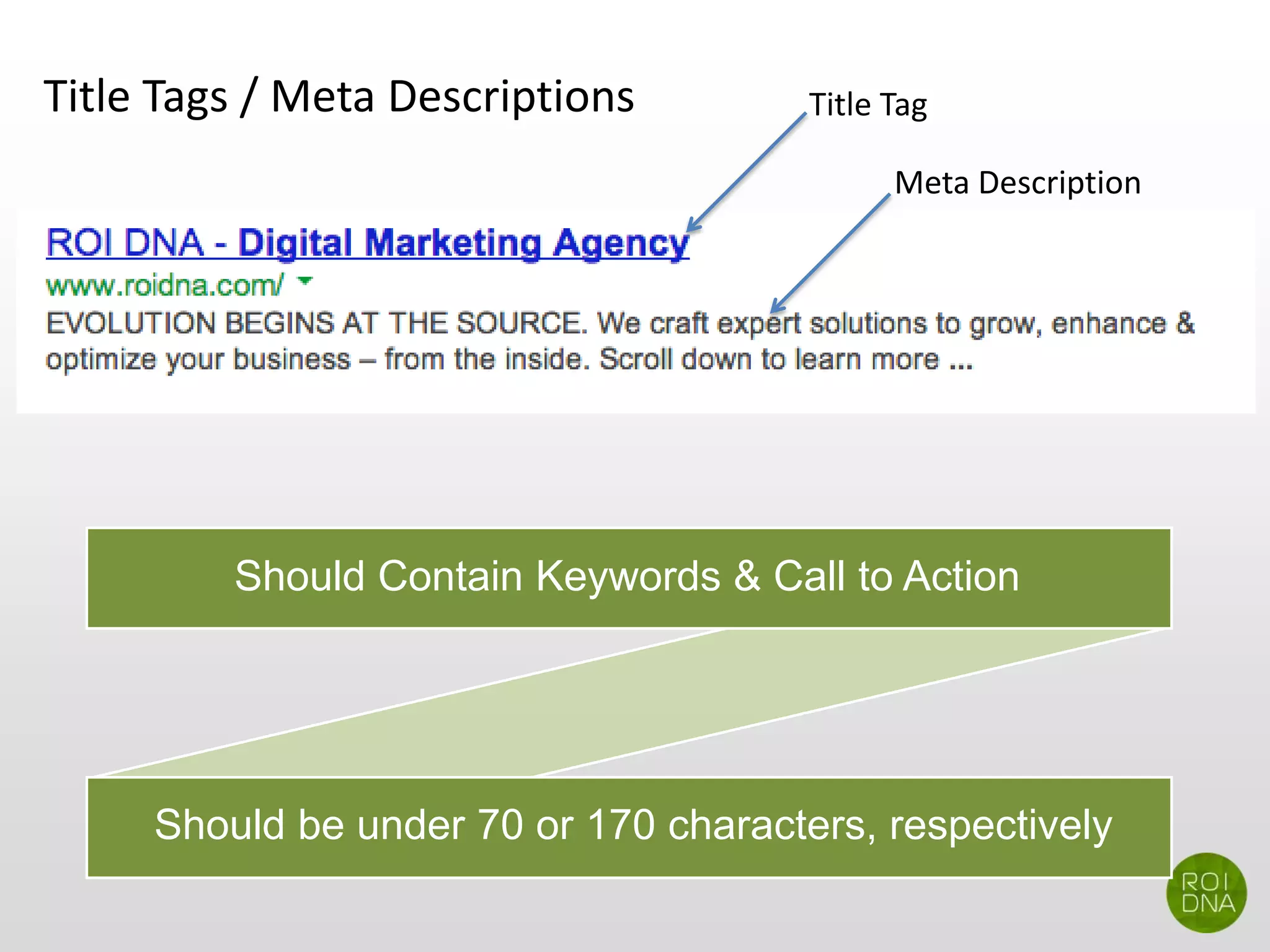 Title Tags / Meta Descriptions
Should Contain Keywords & Call to Action
Should be under 70 or 170 characters, respectively
Title Tag
Meta Description
 