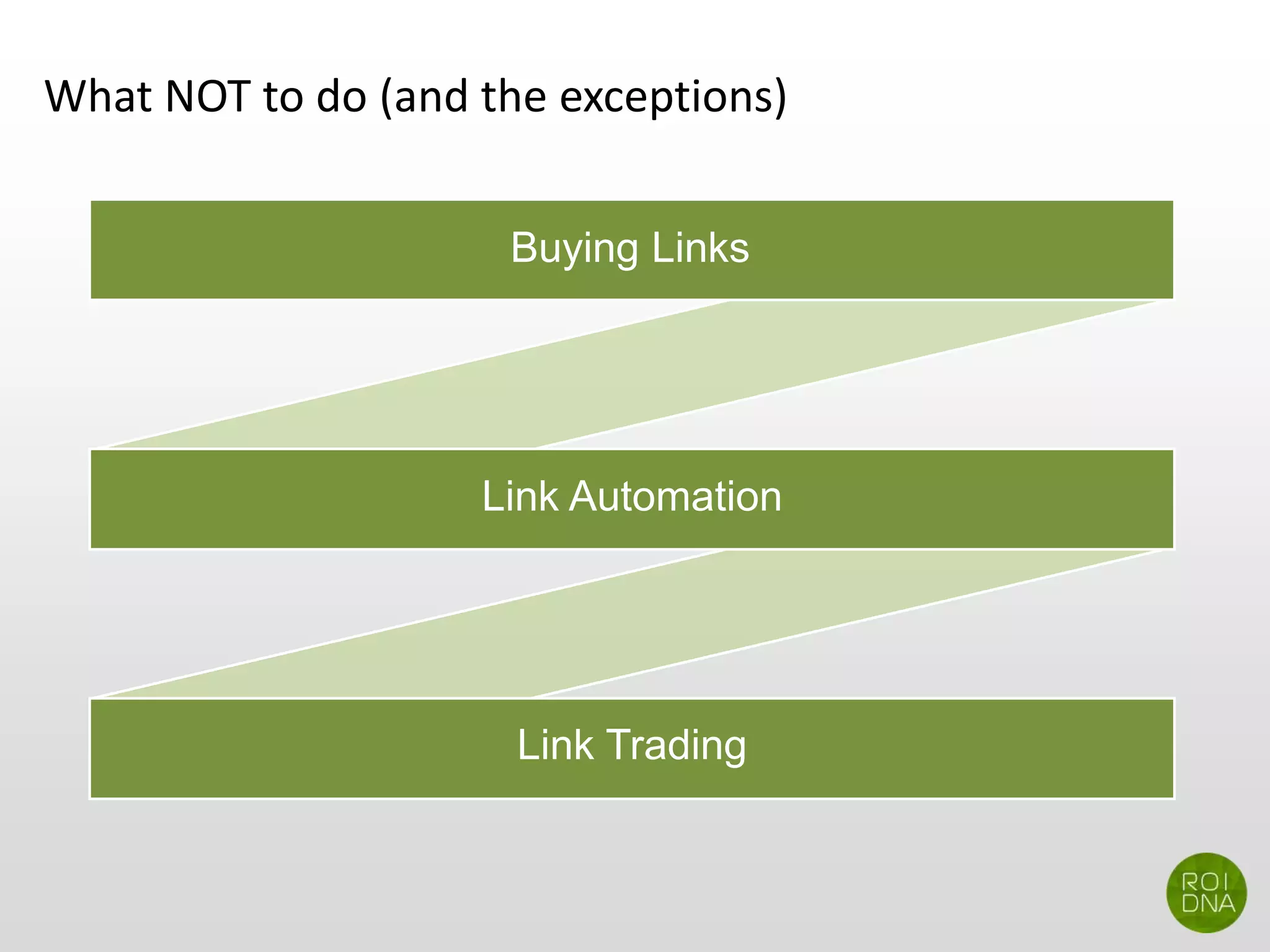 What NOT to do (and the exceptions)
Buying Links
Link Automation
Link Trading
 
