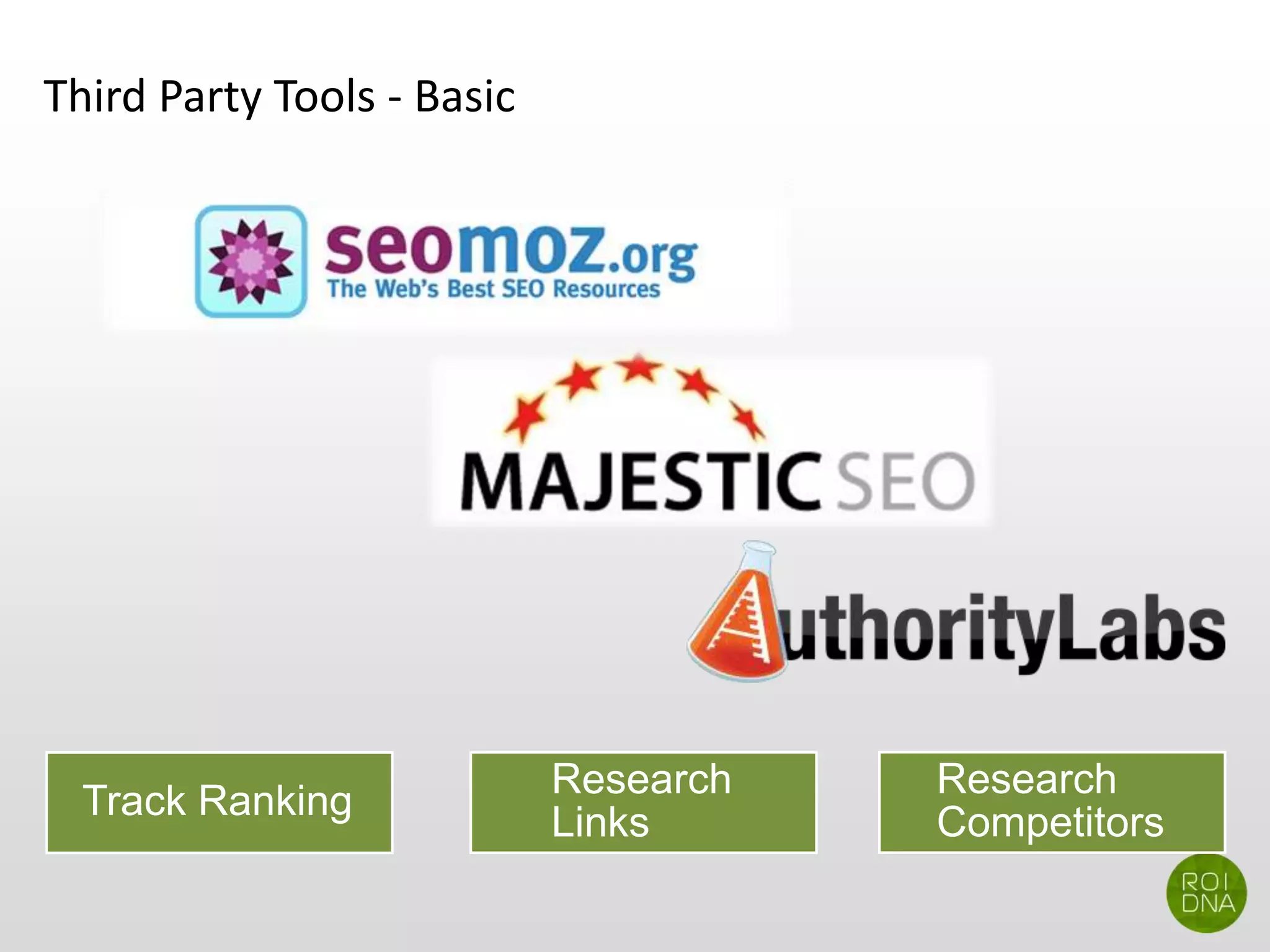 Third Party Tools - Basic
Track Ranking
Research
Links
Research
Competitors
 