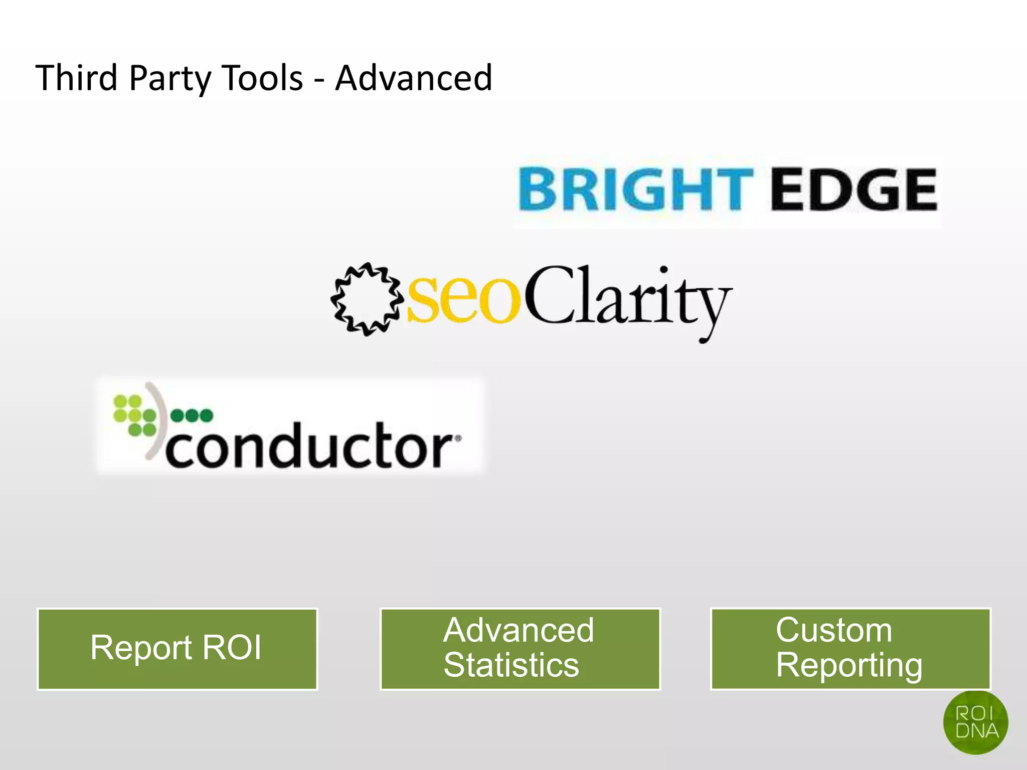 Third Party Tools - Advanced
Report ROI
Advanced
Statistics
Custom
Reporting
 