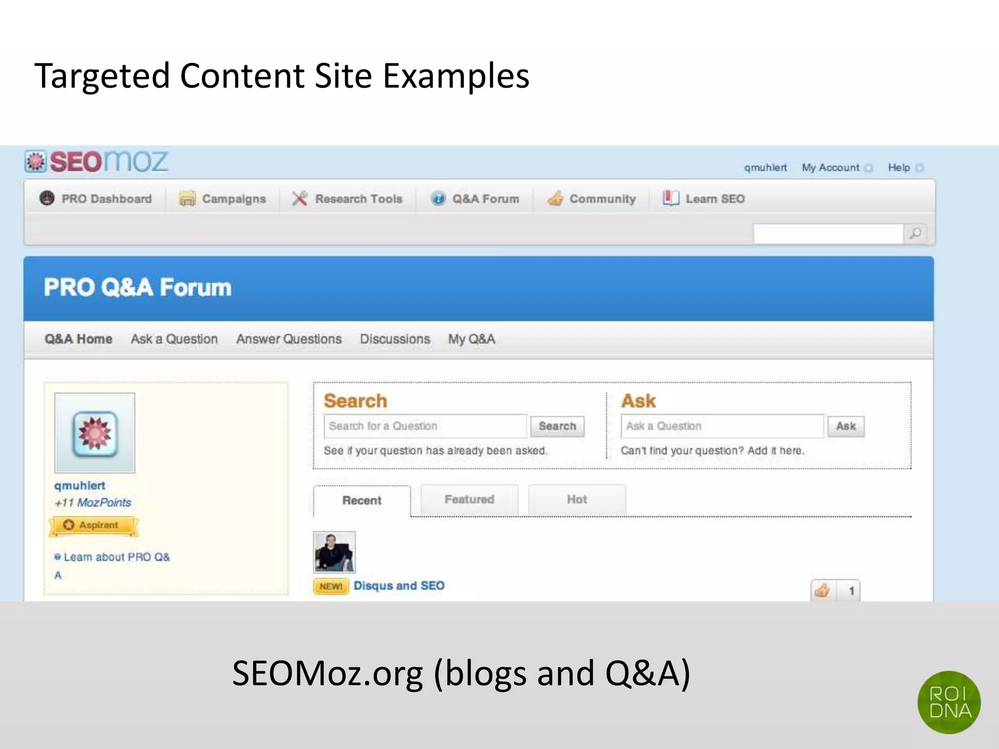 Targeted Content Site Examples
SEOMoz.org (blogs and Q&A)
 