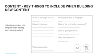 Helpful web content brief
template when creating
each piece of content
CONTENT - KEY THINGS TO INCLUDE WHEN BUILDING
NEW CONTENT
 