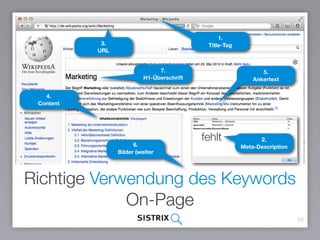 Richtige Verwendung des Keywords
On-Page
10
1.  
Title-Tag
3.  
URL
4.  
Content
5.  
Ankertext
7.  
H1-Überschrift
2.  
Meta-Description
fehlt
6.  
Bilder (weiter unten)
 