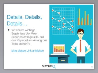 Details, Details,
Details…
52
für weitere wichtige
Ergebnisse der Moz-
Expertenumfrage (z.B. soll
das Keyword am Anfang des
Titles stehen?): 
 
bitte diesen Link anklicken 
 
 