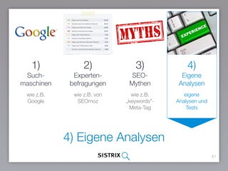 1)
Such-
maschinen
61
wie z.B. Google
3)
SEO- 
Mythen
2)
Experten-
befragungen
wie z.B. von
Moz
4)
Eigene
Analysen
eigene
Analysen und
Tests
wie z.B.
„keywords"- 
Meta-Tag
4) Eigene Analysen
 