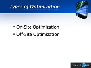 Types of Optimization
• On-Site Optimization
• Off-Site Optimization
 