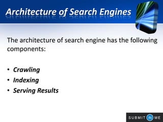 Architecture of Search Engines
The architecture of search engine has the following
components:
• Crawling
• Indexing
• Serving Results
 