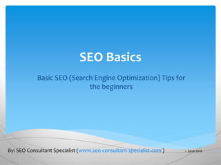 SEO Basics
Basic SEO (Search Engine Optimization) Tips for
the beginners
By: SEO Consultant Specialist (www.seo-consultant-specialist.com ) – June 2016
 