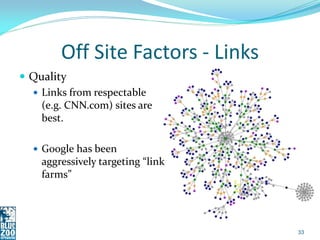 Off Site Factors - Links
 Quality
   Links from respectable
    (e.g. CNN.com) sites are
    best.

   Google has been
...