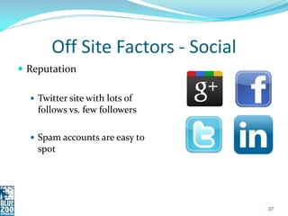 Off Site Factors - Social
 Reputation

   Twitter site with lots of
    follows vs. few followers

   Spam accounts are...