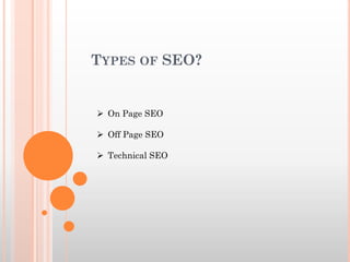 TYPES OF SEO?
 On Page SEO
 Off Page SEO
 Technical SEO
 