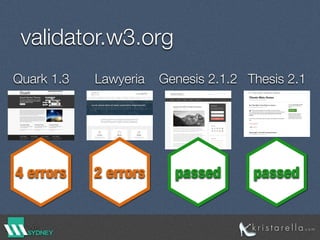 validator.w3.org
Thesis 2.1Genesis 2.1.2
passed
LawyeriaQuark 1.3
2 errors passed4 errors
 