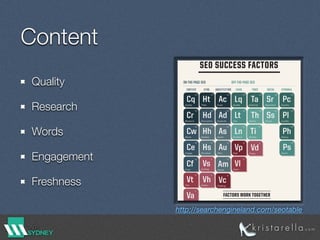 Content
Quality
Research
Words
Engagement
Freshness
http://searchengineland.com/seotable
 