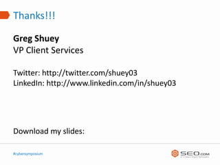 Thanks!!!

Greg Shuey
VP Client Services

Twitter: http://twitter.com/shuey03
LinkedIn: http://www.linkedin.com/in/shuey03...