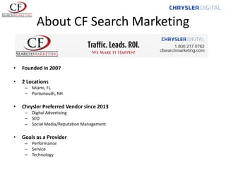 About CF Search Marketing

•

Founded in 2007

•

2 Locations
– Miami, FL
– Portsmouth, NH

•

Chrysler Preferred Vendor since 2013
– Digital Advertising
– SEO
– Social Media/Reputation Management

•

Goals as a Provider
– Performance
– Service
– Technology

 