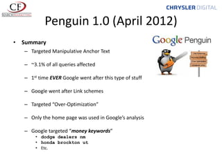Penguin 1.0 (April 2012)
• Summary
– Targeted Manipulative Anchor Text
– ~3.1% of all queries affected
– 1st time EVER Google went after this type of stuff
– Google went after Link schemes
– Targeted “Over-Optimization”

– Only the home page was used in Google’s analysis
– Google targeted “money keywords”
• dodge dealers nm
• honda brockton ut
• Etc.

 