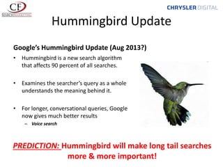 Hummingbird Update
Google’s Hummingbird Update (Aug 2013?)
• Hummingbird is a new search algorithm
that affects 90 percent of all searches.
• Examines the searcher’s query as a whole
understands the meaning behind it.

• For longer, conversational queries, Google
now gives much better results
– Voice search

PREDICTION: Hummingbird will make long tail searches
more & more important!

 