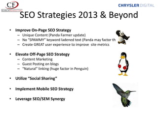 SEO Strategies 2013 & Beyond
• Improve On-Page SEO Strategy
– Unique Content (Panda Farmer update)
– No “SPAMMY” keyword ladened text (Panda may factor this)
– Create GREAT user experience to improve site metrics

• Elevate Off-Page SEO Strategy
– Content Marketing
– Guest Posting on blogs
– “Natural” linking (huge factor in Penguin)

• Utilize “Social Sharing”
• Implement Mobile SEO Strategy
• Leverage SEO/SEM Synergy

 