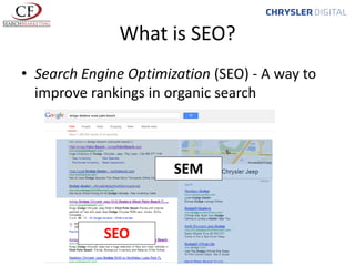 What is SEO?
• Search Engine Optimization (SEO) - A way to
improve rankings in organic search

SEM

SEO

 