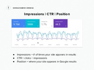 GOOGLE SEARCH CONSOLE
Impressions | CTR | Position
● Impressions = # of times your site appears in results
● CTR = clicks ...