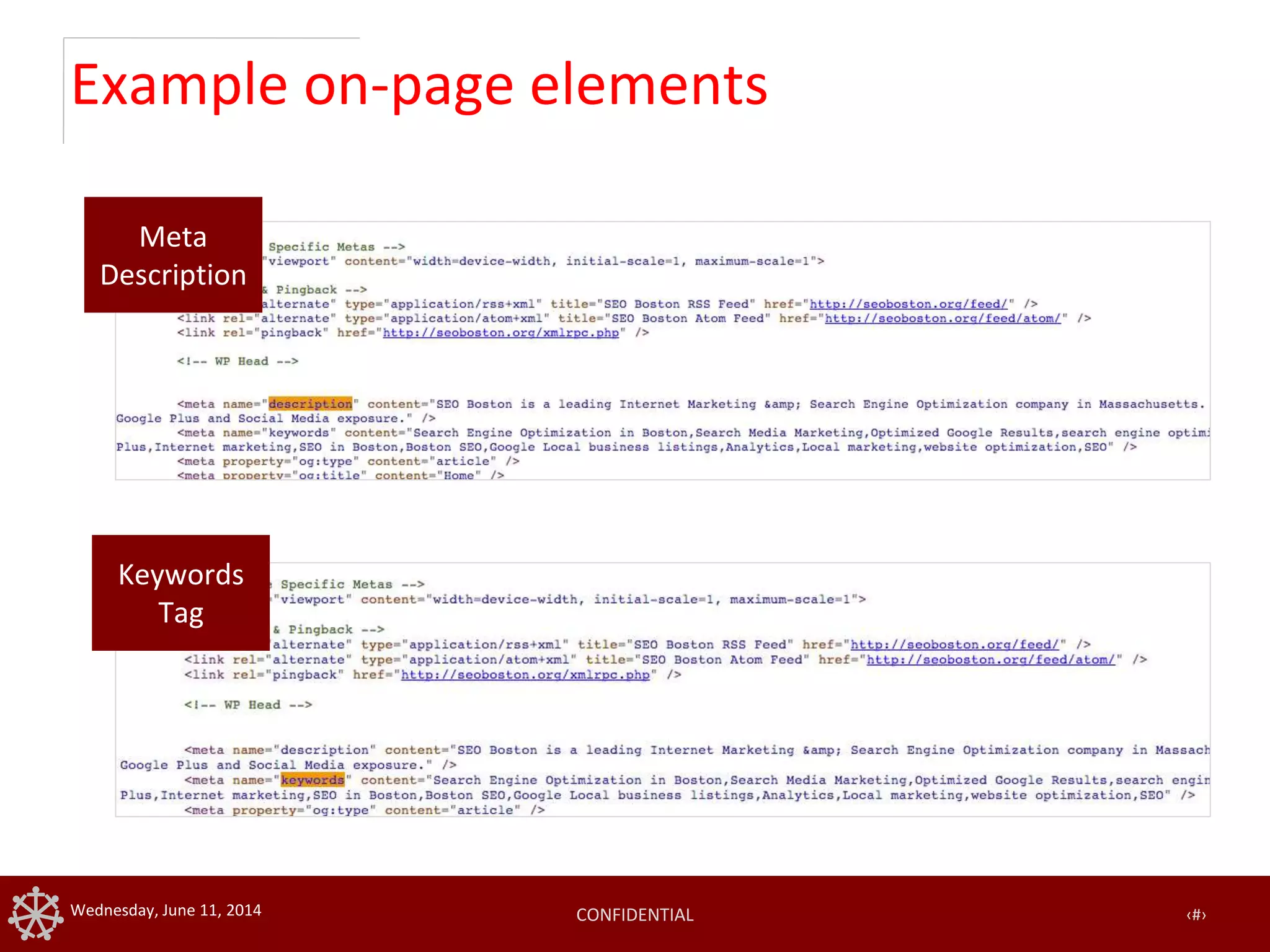 CONFIDENTIAL ‹#›Wednesday, June 11, 2014
Example on-page elements
Meta
Description
Keywords
Tag
 