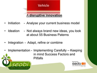 A disruptive innovation
• Initiation - Analyse your current business model
• Ideation - Not always brand new ideas, you look
at about 55 Business Paterns
• Integration - Adapt, refine or combine
• Implementation - Implementing Carefully – Keeping
in mind Success Factors and
Pitfalls
 
