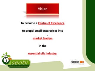 To become a Centre of Excellence
to propel small enterprises into
market leaders
in the
essential oils industry.
 