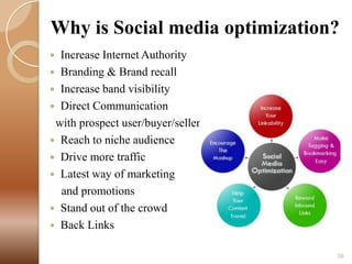 Why is Social media optimization?
Increase Internet Authority
 Branding & Brand recall
 Increase band visibility
 Direct Communication
with prospect user/buyer/seller
 Reach to niche audience
 Drive more traffic
 Latest way of marketing
and promotions
 Stand out of the crowd
 Back Links


39

 