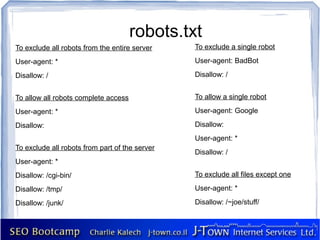 robots.txt
To exclude all robots from the entire server    To exclude a single robot

User-agent: *                                   User-agent: BadBot

Disallow: /                                     Disallow: /


To allow all robots complete access             To allow a single robot

User-agent: *                                   User-agent: Google

Disallow:                                       Disallow:
                                                User-agent: *
To exclude all robots from part of the server
                                                Disallow: /
User-agent: *
Disallow: /cgi-bin/                             To exclude all files except one

Disallow: /tmp/                                 User-agent: *

Disallow: /junk/                                Disallow: /~joe/stuff/
 