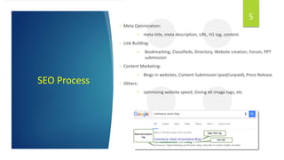 SEO Process
5
• Meta Optimization:
 meta title, meta description, URL, H1 tag, content
• Link Building:
 Bookmarking, Classifieds, Directory, Website creation, Forum, PPT
submission
• Content Marketing:
 Blogs in websites, Content Submission (paid/unpaid), Press Release
• Others:
 optimizing website speed, Giving alt image tags, etc
 