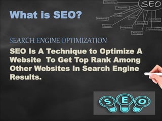 What is SEO?
SEARCH ENGINE OPTIMIZATION
SEO Is A Technique to Optimize A
Website To Get Top Rank Among
Other Websites In Search Engine
Results.
 