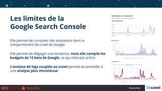 #seocamp
Les limites de la
Google Search Console
Elle permet de constater des évolutions dans le
comportement de crawl de ...