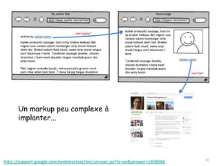 Un markup peu complexe à
      implanter...




                                                                          10
http://support.google.com/webmasters/bin/answer.py?hl=en&answer=1408986
 
