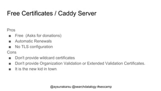 @aysunakarsu @searchdatalogy #seocamp
Free Certificates / Caddy Server
Pros
■ Free (Asks for donations)
■ Automatic Renewa...
