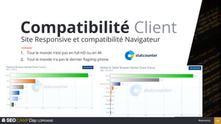 32
#seocamp
Compatibilité Client
Site Responsive et compatibilité Navigateur
1. Tout le monde n’est pas en full HD ou en 4...