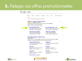 Beaucoup d’annonceurs pensent que se
positionner sur leurs noms de marques leur
ferait payer des clics « inutiles »…	

3. Relayez vos offres promotionnelles	

 